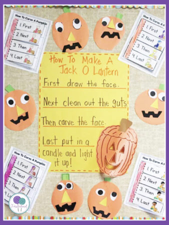 Pumpkin writing activities for first grade. Includes How To Carve A Pumpkin writing template with a pumpkin craft.