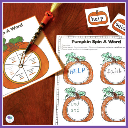 Kids will love this Halloween learning center activity.  Perfect for your word work or spelling center, students spin the pumpkin spinner and write their word following the directions on the spinner. 