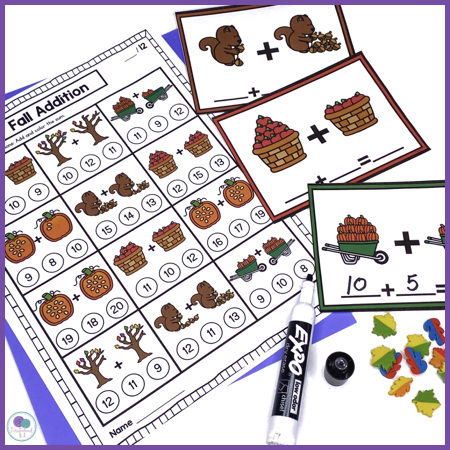 Math task cards with a fall theme for first grade addition.