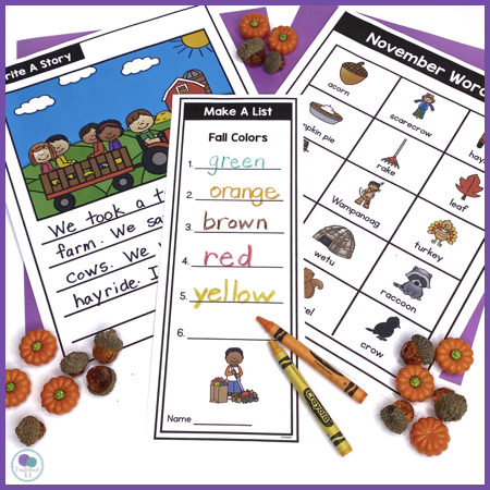 Fall writing center prompts for first grade.