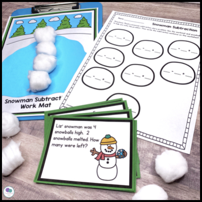 Snowman subtraction story problem task cards