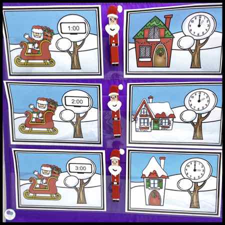 Christmas math game for first grade - telling time. 