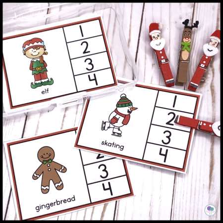 Christmas literacy game for kids - counting syllables. 