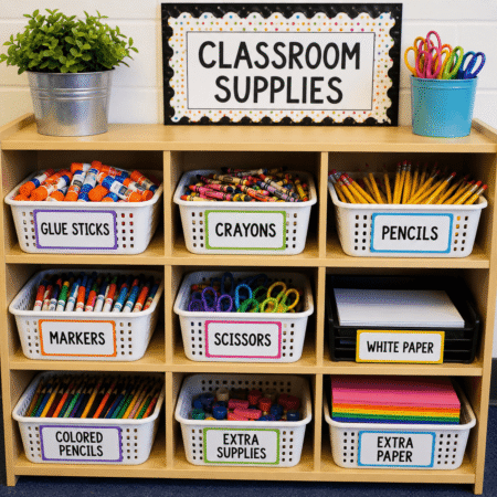 Elementary classroom supply shelf